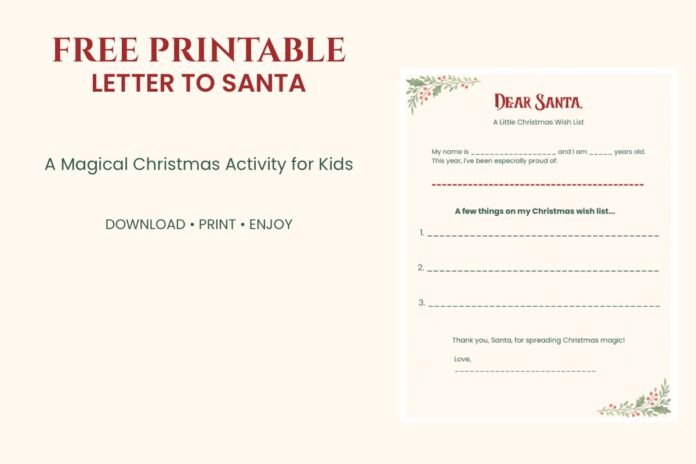 Free Printable Letter to Santa for Kids 2026 Free printable Letter to Santa for kids with Christmas wish list lines and watercolor holly decorations