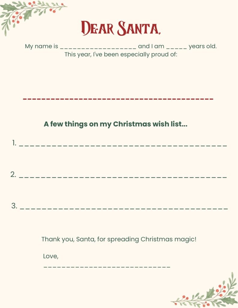 Free printable Dear Santa letter for kids with Christmas wish list lines and watercolor holly decorations