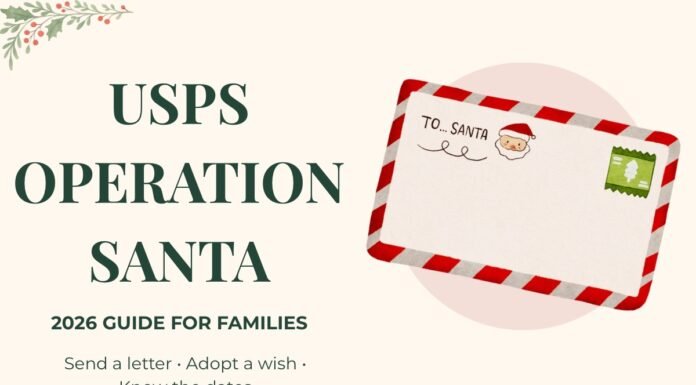 USPS Operation Santa 2026: How to Send a Letter or Adopt a Wish USPS Operation Santa 2026 guide for families with a festive Santa envelope and holly